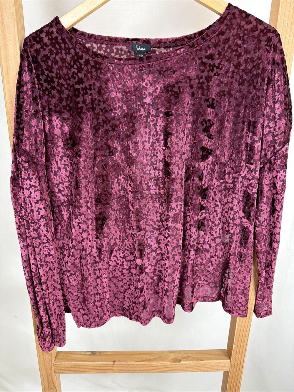 NWT Shana Maroon Velvet Burnout Sheer Popover Top #1125 Size XL